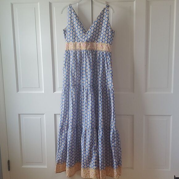 J. Crew Point Sur Blue Yellow Tiered Floral Maxi Dress Peasant Long Boho Altered - Picture 5 of 16